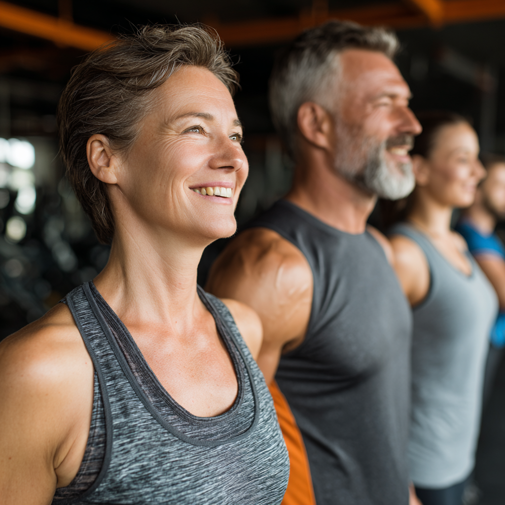 Smiling athletic European woman in her 30s in modern fitness center with natural lighting, holding water bottle, wearing professional athletic wear, photo-realistic style