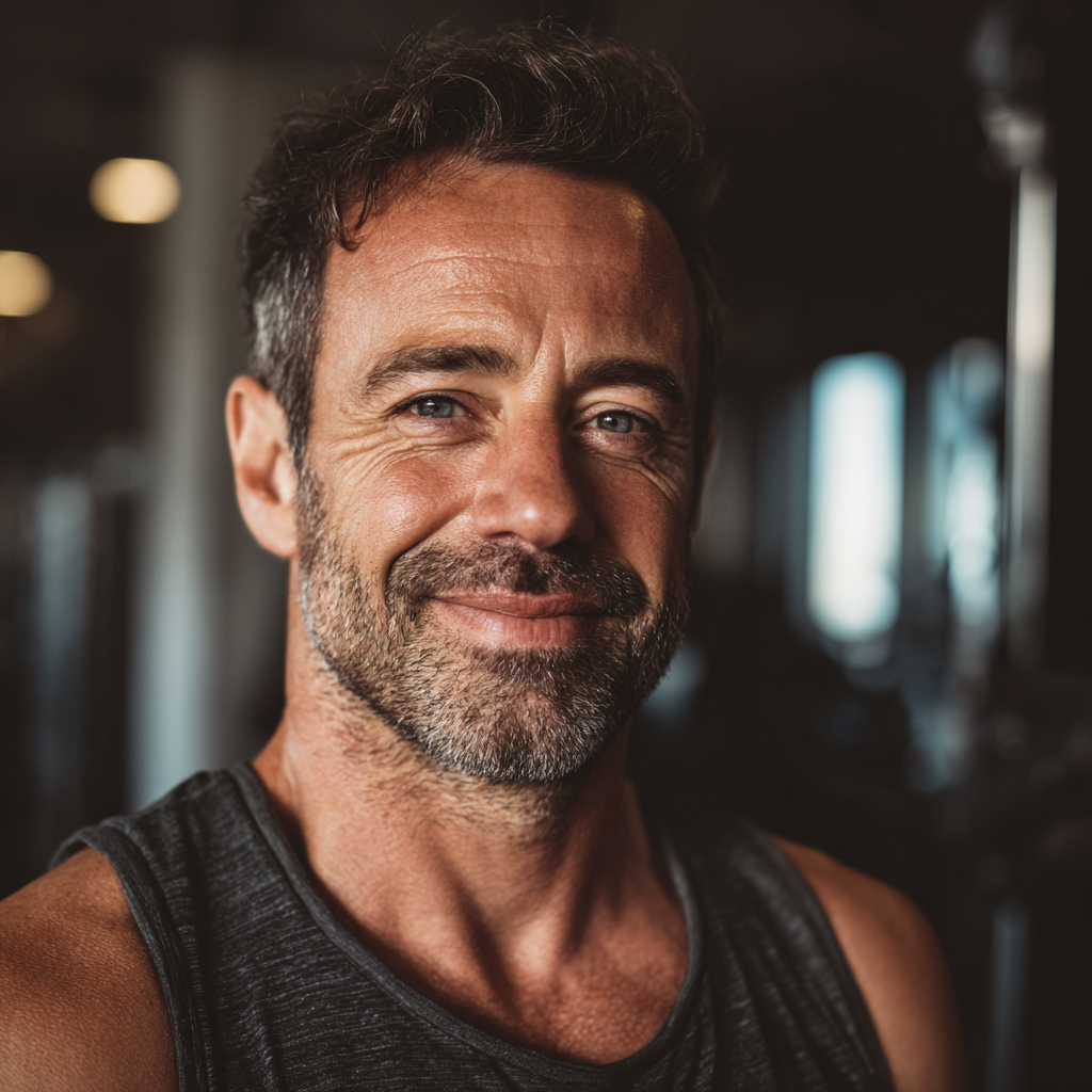 Smiling European man in his 40s preparing healthy meal in modern kitchen with fresh vegetables and lean proteins, natural window lighting, photo-realistic style
