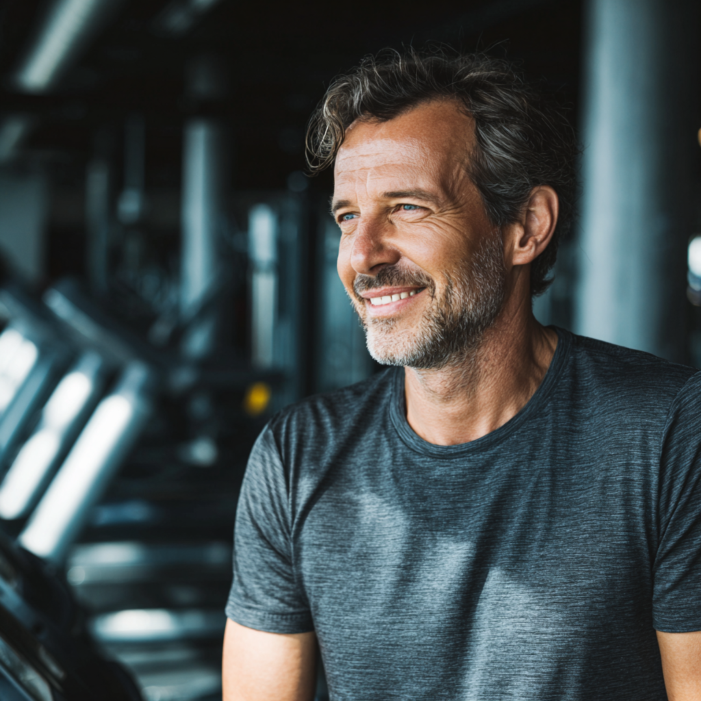Group of smiling diverse European adults aged 30-50 doing strength training together in bright modern gym, encouraging atmosphere, photo-realistic style